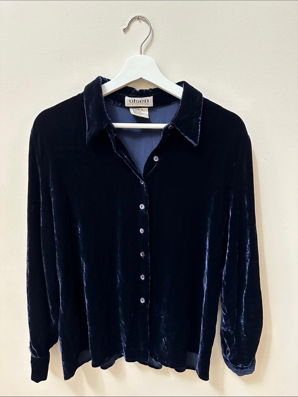 Olsen Navy Velvet Button-Front Blouse
